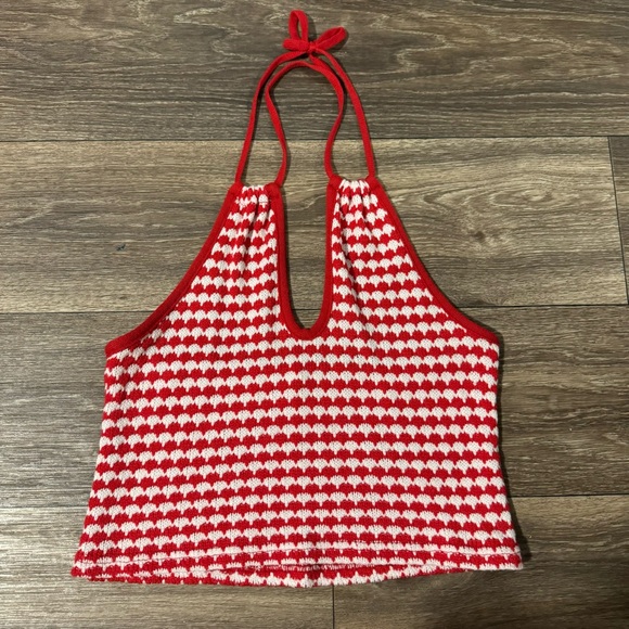 ZARA crochet halter tie crop top! Sleeveless red and white - Picture 8 of 11